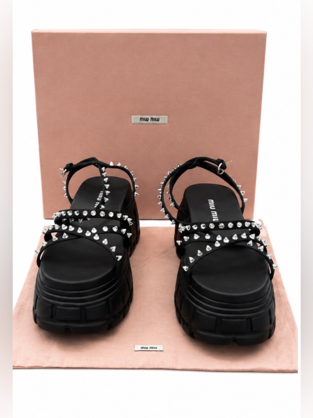 Miu Miu Black Crystal Studded Platform Sandals – Size 38 – With Box & Dust Bag